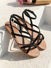 preiswerte Flache Sandalen-Minimalistische braune Riemchensandalen für Damen – bequeme, flache Gladiatorensandalen im griechischen Stil mit Knöchelriemen für Strandurlaub und Sommerreisen auf die Insel. &amp;Boho-Urlaubsoutfits