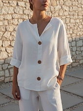 economico Camicie-Per donna Camicia Camicie di cotone e lino Blusa Bottoni Semplice Elegante Mezza Manica Scollo a V Top Regolari Quotidiano Ferie Uscire Nero Bianco Giallo Blu marino Arancione Estate Primavera