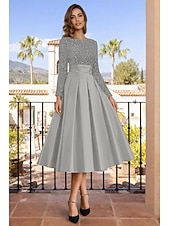 economico Abiti da cocktail-Linea ad A Lunghezza Tè Abiti da Cocktail Abiti da festa Elegante Brillanti Manica Lunga Girocollo Natale Ospite di nozze Raso Velluto con Pieghe Paillettes