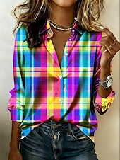  Women's Shirt Satin Shirt Print Graphic Geometric Color Block Vacation Stylish Casual Long Sleeve Shirt Collar Regular Tops Daily Holiday Going out Blue Yellow Summer Spring Fall