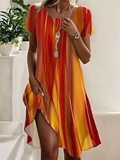 cheap Stripe&amp;Geometric Dress-Women's Knee Length Dress Casual Dress Summer Dress Fashion Modern Daily Weekend Regular Fit Floral Short Sleeve Crew Neck Orange Green Summer Spring