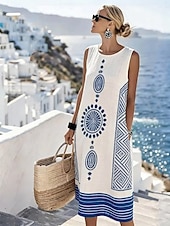 Χαμηλού Κόστους Ριγέ και Γεωμετρικά Φορέματα-Γυναικεία Μίντι φόρεμα Φόρεμα ριχτό Φόρεμα για τον ήλιο Φόρεμα σε γραμμή Α Διακοπές Καθημερινό Μπόχο Παραλία Εξόδου Χαλαρή Εφαρμογή Γραφική Γεωμετρικό Αμάνικο Λαιμόκοψη