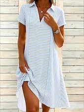 preiswerte Streifen- und geometrische Kleider-Damen Minikleid Sommerkleid Urlaub Lässig Boho Täglich Strand Lässiger Schnitt Grafik Tupfen Kurzarm V Ausschnitt Revers Rosa Himmelblau Grün Grau Sommer Frühling