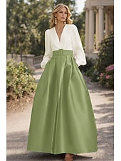 cheap A-Line Evening Dresses-A-Line Floor Length Evening Gown High Split Mother Of The Bride Long Sleeve V Neck Formal Wedding Guest Belt / Sash Satin with Pleats Slit