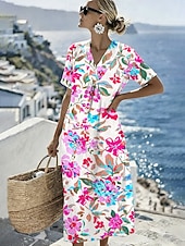  Women's Midi Dress Shift Dress Sundress Vacation Casual Beach Daily Going out Regular Fit Ombre Floral Graphic Short Sleeve V Neck Blue Pink Red Green Summer Spring