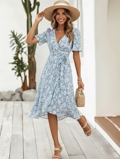 economico Abiti Floreali Stampati-Per donna Abito Midi Abito Boho Vestito in Chiffon Abito Floreale Moda Moderno Vacanza Ferie Vestibilità regolare Fiore Manica Corta Scollo a V Blu Verde chiaro Rosso Blu marino Estate