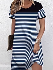 Χαμηλού Κόστους Ριγέ και γεωμετρικό φόρεμα-Γυναικεία Μίντι φόρεμα Φόρεμα ριχτό Κοντομάνικο φόρεμα Καλοκαιρινό φόρεμα Καθημερινό Καθημερινά Κανονικό Γραφική Γεωμετρικό Ριγέ Κοντομάνικο Στρογγυλή Ψηλή Λαιμόκοψη Θαλασσί Μαύρο Ρουμπίνι