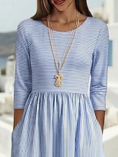  Femmes Robe Midi Robe Décontractée Robe en Coton Robe trapèze Mode Moderne Quotidien Vacances Fête Coupe régulière Rayé Manche 3/4 Col ras du cou Bleu clair Été Printemps