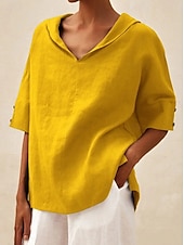 preiswerte Wesentliche Falsche Hemden-Damen Bluse Hemd aus Leinenimitat Einfach Stilvoll Lässig Dreiviertelarm V Ausschnitt Normale Oberteile Täglich Blau Schwarz Weiß Gelb Orange Sommer Frühling Herbst