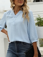 abordables Blusas Sencillas-Mujer Blusa Botones Color sólido Elegante Casual Manga 3/4 Escote en Pico Tops regulares Diario Azul Piscina Verde salvia Negro Blanco Rosa Verano Primavera Otoño