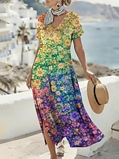  Mujer Vestido maxi Vestido bohemio Vestido informal Vestido de una línea Vestido Estampado Vintage Exterior Playa Vacaciones Holgado Floral Graphic Manga Corta Escote en Pico Morado Verano Primavera