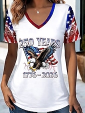  Koszulka damska z nadrukiem na Dzień Niepodległości Amerykańskiej Rocznicy Patriotycznej Stylowa Klasyczna Krótki rękaw V-kształtny Regularne Top Daily Czerwony Lato Wiosna