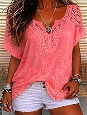 billiga Spets toppar-Dam Blus Spets Ensfärgat Stylish Ledigt Kortärmad V-hals Vanliga toppar Dagligen Blå Svart Vit Orange Grå Sommar Vår Höst