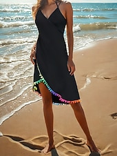 Недорогие Пляжные платья-Жен. Купальники Накидка Купальники Платья купальник Рюши Открытая спина Отпуск Одежда для пляжа Сплошной цвет V-образный вырез Без рукавов Купальники