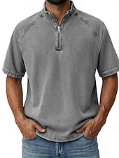 お買い得  ベーシックTシャツ-男性用 デニムシャツ コットン100% アシッドウォッシュシャツ ティートップ 半袖 スタンド ファスナー 秋冬 春 秋 平織り ヴィンテージ ストリートファッション カジュアル ジッパーを閉める 色褪せた ベーシック カジュアル 家 ストリート パープル メンズトップTシャツ