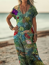 cheap Ethnic Boho Dress-Women's Maxi long Dress Casual Dress A Line Dress Print Dress Fashion Modern Outdoor Beach Vacation Regular Fit Floral Graphic Leaf Short Sleeve V Neck Green Summer Spring