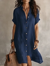 cheap Dresses-Women's Mini Dress Linen-feel Dresses Shift Dress Summer Dress Casual Daily Loose Fit Plain Short Sleeve Lapel Blue Black Wine Army Green Summer Spring Fall