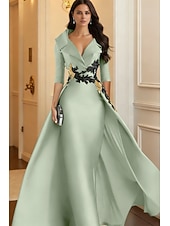 cheap Ball Gown Evening Dresses-A-Line Floor Length Evening Gown Elegant 3/4 Length Sleeve Shirt Collar Formal Satin with Appliques