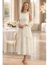 billiga Mammas klänningsset-Two Piece A-Line Dress Sets Ankle Length Wedding Guest Dress Mother of the Bride Dress Sleeveless Boat Neck Elegant Simple Embellished Formal Kentucky Derby Semi Formal Lace Jacquard Wrap Included