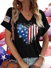  Amerikansk uavhengighetsdag Dame T skjorte Trykt mønster Hjerte Grafisk Amerikansk flagg Årgang Stilfull Klassisk Kortermet V-hals Vanlige topper Daglig Helg Ferieklær Blå Svart Sommer Vår