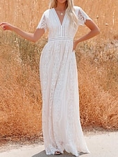 cheap White Lace Dresses-Women's Maxi Dress White Lace Dress Elegant Fashion Modern Outdoor Vacation Going out Regular Fit Plain Short Sleeve V Neck White Summer Spring