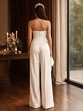 billige Mammas jumpsuits-Bryllupsdusj Bryllup Kjoler Jumpsuits Kjærlighets Uten Ermer Gulv Lengde Satin Bryllupskjoler Med Sløyfe(r) Volanger