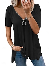 preiswerte Schicke Blusen-Damen Hemd Bluse Reißverschluss Einfach Stilvoll Klassisch Modern Kurzarm V Ausschnitt Normale Oberteile Täglich Ferien Ausgehen Schwarz Weiß Rosa Dunkelgray Grau Sommer Frühling