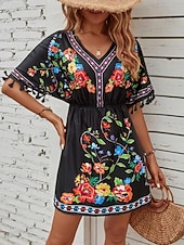 voordelige Boho Jurken-Dames Mini-jurk Boho-jurk Casual jurk Bloemetjesjurk Elegant Modieus Modern Buiten Vakantie Uitgaan Normale pasvorm Bloemig Korte mouw V-hals blauw Zwart Wit Zomer Lente