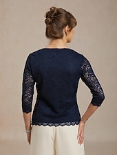 billige Enkle bluser-Dame Blondeskjorte Bluse Blonde Helfarge Elegant Stilfull 3/4 ermer V-hals Vanlige topper Daglig Arbeid Navyblå Sommer Vår Høst