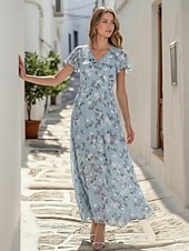 cheap Elegant Floral Dresses-Women's Maxi Dress Chiffon Dress Swing Dress Floral Dress Print Dress Fashion Modern Outdoor Beach Vacation Regular Fit Floral Short Sleeve V Neck Blue Green Light Blue Summer
