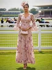 abordables Longitud a la altura del tobillo-Corte A Vestidos Hasta el Tobillo Vestido maxi Vestido de Fiesta Vestido Cóctel Vestido de Madrina Manga Larga Escote en Pico Elegante Vintage Lujoso Formal Invitado a la boda El derby de Kentucky