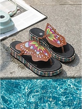 abordables Rutschsandalen-Women's Bohemian Brown Butterfly Wedge Sandals - Comfortable Platform Thong Flip Flops with Colorful Pattern for Luxury Hotel Poolside, Beach Resorts &amp; Summer Vacations
