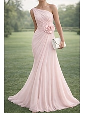 economico Abiti da Sera a Linea A-Linea ad A Lunghezza al pavimento Abito da Sera Da principessa Elegante Madre della sposa Senza Maniche Monospalla Matrimonio Formale Chiffon con Fiore ricamato Pieghe Arricciato