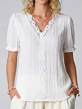 cheap Plain tee-Women's T Shirt Lace Splicing Top Tee Top Lace Patchwork Plain Fashion Stylish Classic Short Sleeve V Neck Regular Tops Daily Going out Weekend Black White Yellow Purple Fuchsia Summer Spring