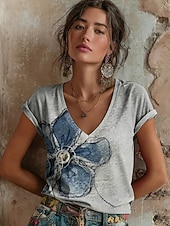  Per donna Maglietta Stampato Floreale Grafico Graffiti Bohemien Vintage Casual Manica Corta Scollo a V Top Regolari Quotidiano Verde Grigio Estate Primavera