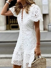 ieftine Rochii Albe din Dantela-Pentru femei Rochii Lungime Genunchi Rochie de dantela Rochie albă Rochie casual Elegant Modă Modern În aer liber Vacanță Ieșire Fit regulat Simplu Manșon scurt În V Alb Vară Primăvară