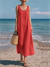 economico Vestiti-Per donna Abito maxi Finto cotone e lino Abito a Tubino Abito Estivo Abito Sottoveste Casual Spiaggia Quotidiano Vestibilità comoda Semplice Senza Maniche Collo a U Blu blu navy Giallo Rosso Estate
