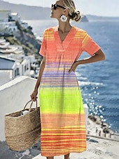  Women's Midi Dress Shift Dress Sundress Vacation Casual Beach Daily Going out Loose Fit Ombre Graphic Short Sleeve V Neck Blue Pink Purple Orange Summer Spring