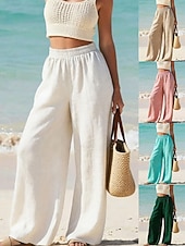 abordables Bas-Femmes Pantalon effet lin Jambe large Chinos Pantalon d'été Vacances Streetwear Basique Longueur complète Taille moyenne Uni Avec Poches Taille Élastique Confortable Respirant Micro-Élastique