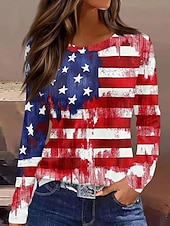  día de la independencia americana Mujer Camiseta Estampado Graphic Bandera Bandera estadounidense Elegante Clásico Casual Manga Larga Cuello Barco Tops largos Diario Blanco / azul Rojo Rojo azul