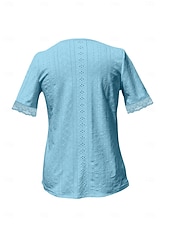 cheap Plain tee-Women's T Shirt Tee Top Eyelet Plain Fashion Stylish Classic Short Sleeve Square Neck Regular Tops Long Tops Daily Going out Weekend Blue Purple Summer Spring