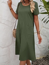 cheap Plain Dress-Women's Midi  Faux Cotton Linen  Dress A Line Dress Summer Dress Casual Daily Loose Fit Plain Short Sleeve Crew Neck Black Orange Army Green Apricot Summer