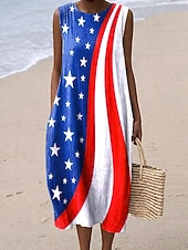abordables Vestido del Día de la Independencia-día de la independencia americana Mujer Vestido Midi Vestido de cambio Vestido de verano Vacaciones Casual Exterior Holgado Estrellas y rayas Sin Mangas Cuello redondo Azul y blanco Azul Océano Rojo