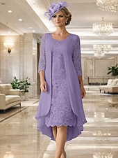  Linha A Até os Joelhos Vestido de convidada de casamento Vestido Para Mãe dos Noivos Manga Longa Decorado com Bijuteria Elegante Tamanhos Grandes Convidado do casamento Chiffon Renda com Renda