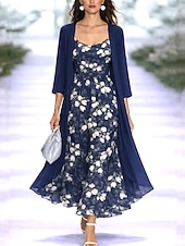 preiswerte Blumenkleid-Damen Kleid-Set A Linie Kleid Elegant Urlaub Blumen Grafik Geschichtet Druck Midikleid Dreiviertelarm V Ausschnitt Täglich Party Hellgrün Violett Dunkelblau Sommer Frühling Normale Passform