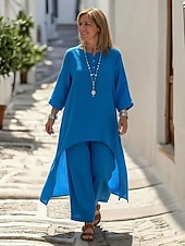 voordelige Stelt in-Dames Set met linnenlook Broeken Sets 3/4 mouw Strakke ronde hals Effen Met ruches Modieus Streetwear Casual Dagelijks Buiten blauw Zwart Wit Zomer Ruim Passend