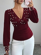 billiga Kostymblusar-Dam Skjorta Blus Långärmade toppar Rynkad Slät Mode Stylish Klassisk Långärmad V-hals Vanliga toppar Dagligen Helgdag Utekväll Svart Vin Aprikos Sommar Vår