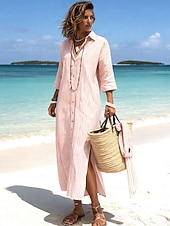 economico Abiti a Strisce e Geometrici-Per donna Abito maxi Abito a Tubino Vestito Estivo Vacanza Casual All'aperto Uscire Vestibilità regolare A righe Manica Lunga Collo ripiegato Blu Rosa Rosso Caffè Estate Primavera Autunno