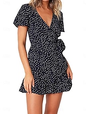 abordables Vestidos florales-Mujer Mini vestido Vestido informal Vestido Estampado Elegante Moda Moderno Exterior Vacaciones Noche Ajuste regular A Lunares Manga Corta Escote en Pico Negro Rojo Azul Oscuro Verano Primavera Otoño