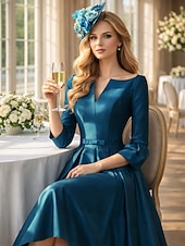 preiswerte Cocktailkleider-A-Linie Tee-Länge Cocktailkleider Partykleider Elegant Mutter Dreiviertelarm V Ausschnitt Formell Hochzeitsgast Satin mit Falten